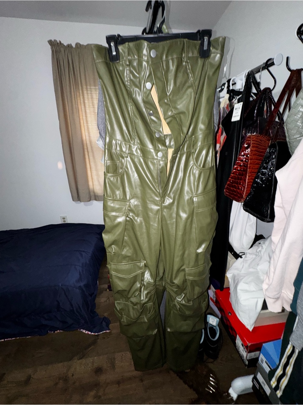 Olive Faux Leather Cargo Jumpsuit - Women